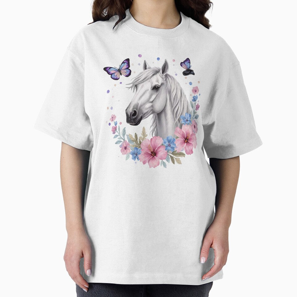 White Horse Floral With Butterflies by INKRebelGraphic