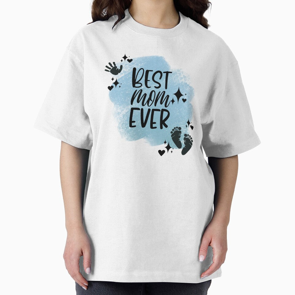 Best Mom Ever with Hand, Footprints, Hearts, Stars & Blue-gray Background by JeweledDesigns