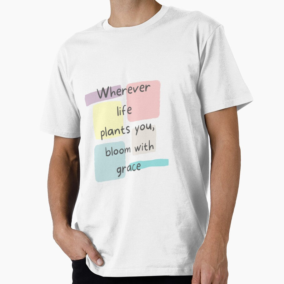 Whatever life plants you bloom with grace , inspirational life quote written in pastel shade color palette background (color palate) by Sanaura
